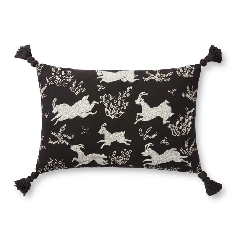 Black and Ivory Embroidered Cotton Lumbar Pillow with Tassels