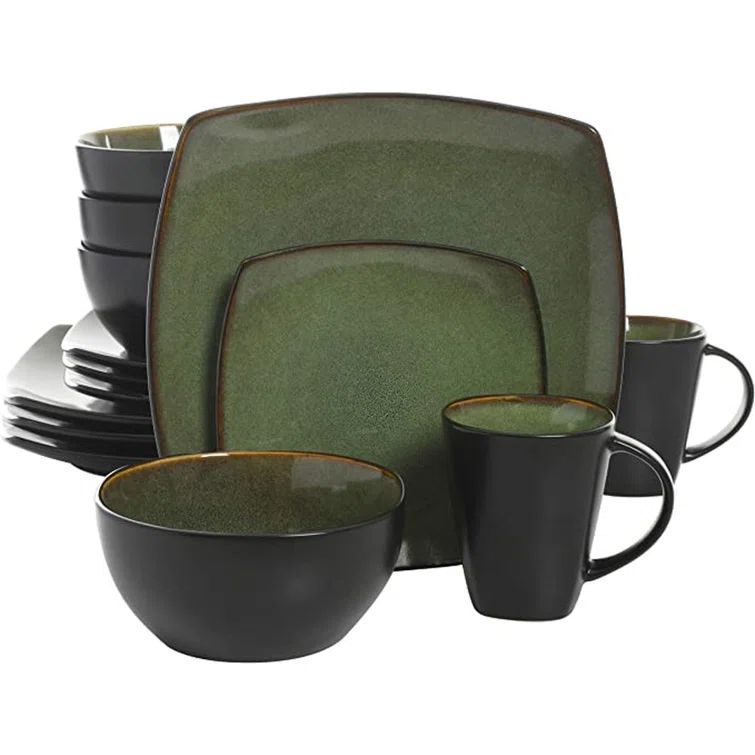 Green and Black Square Porcelain Dinnerware Set for 4