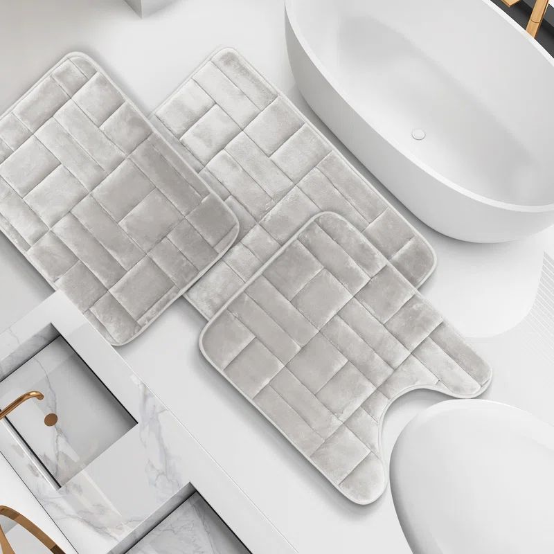 Silver Velvet Memory Foam Bath Rug Set with Non-Slip Backing