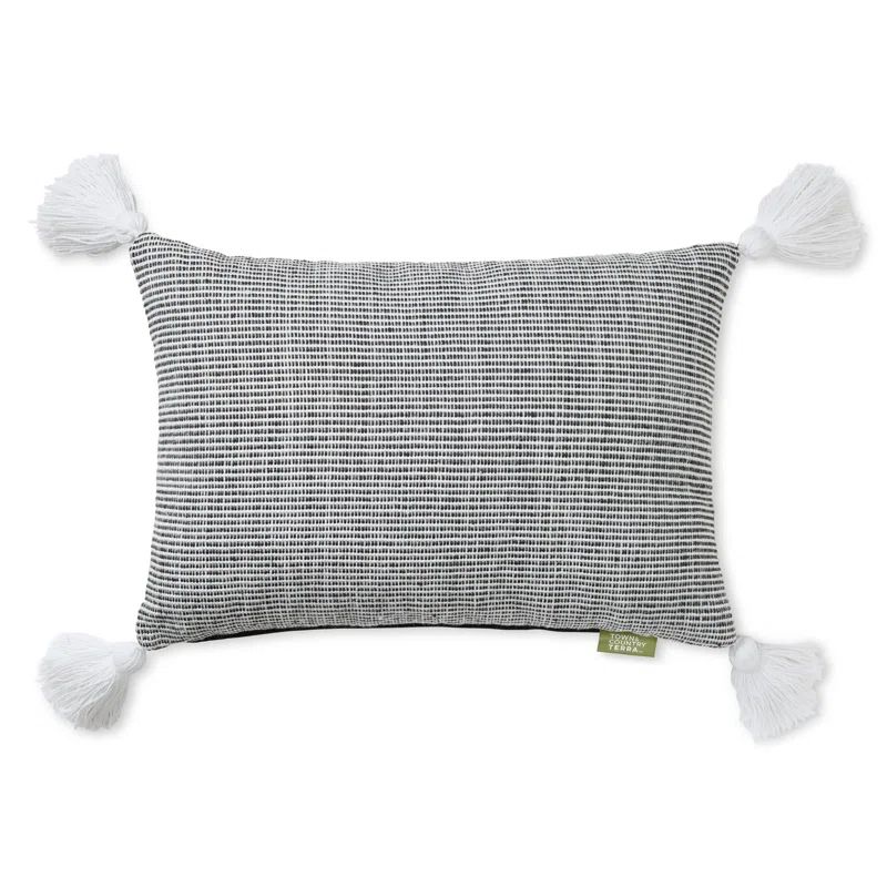 Black and Ivory Ribbed Texture Indoor/Outdoor Pillow with Tassels