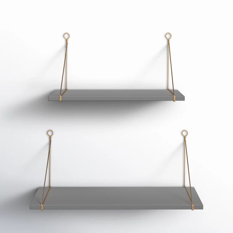 Vista Gray and Gold Wood and Metal Bracket Wall Shelves, 2-Piece Set