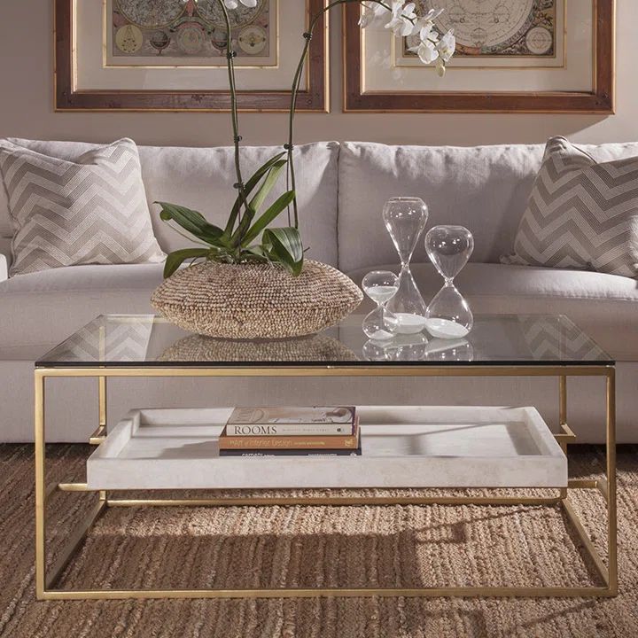 Champagne Gold Foil 44" Rectangular Cocktail Table with Glass Top