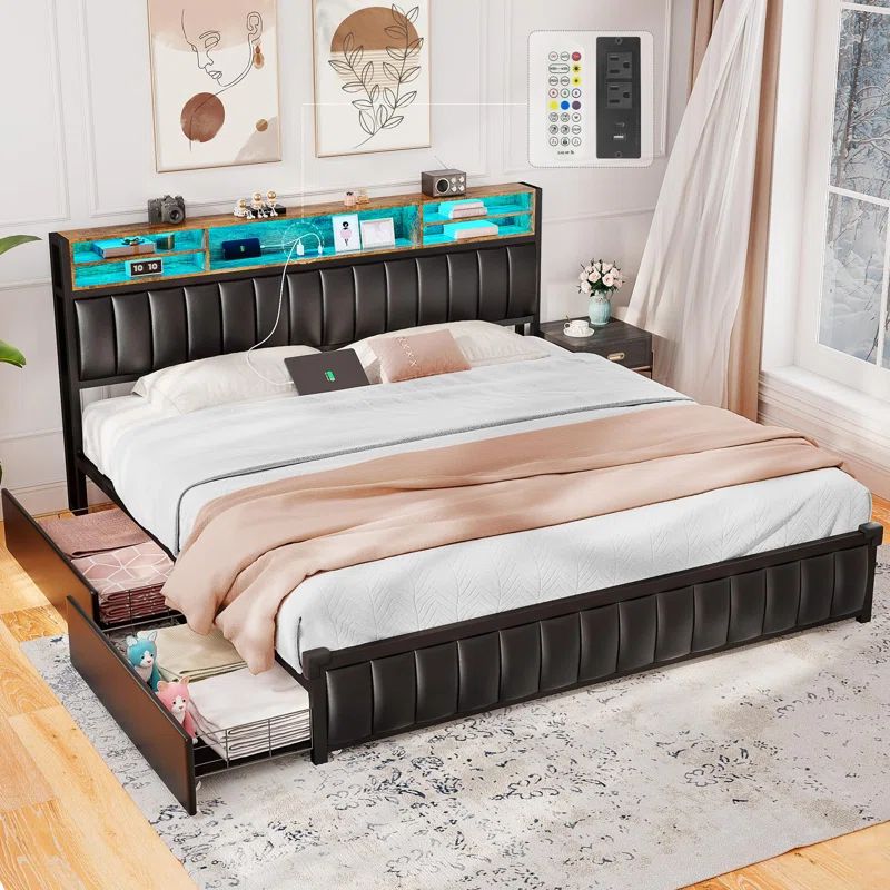King Size Black Upholstered Bed with LED Lights, Storage Drawers, and Bookcase Headboard