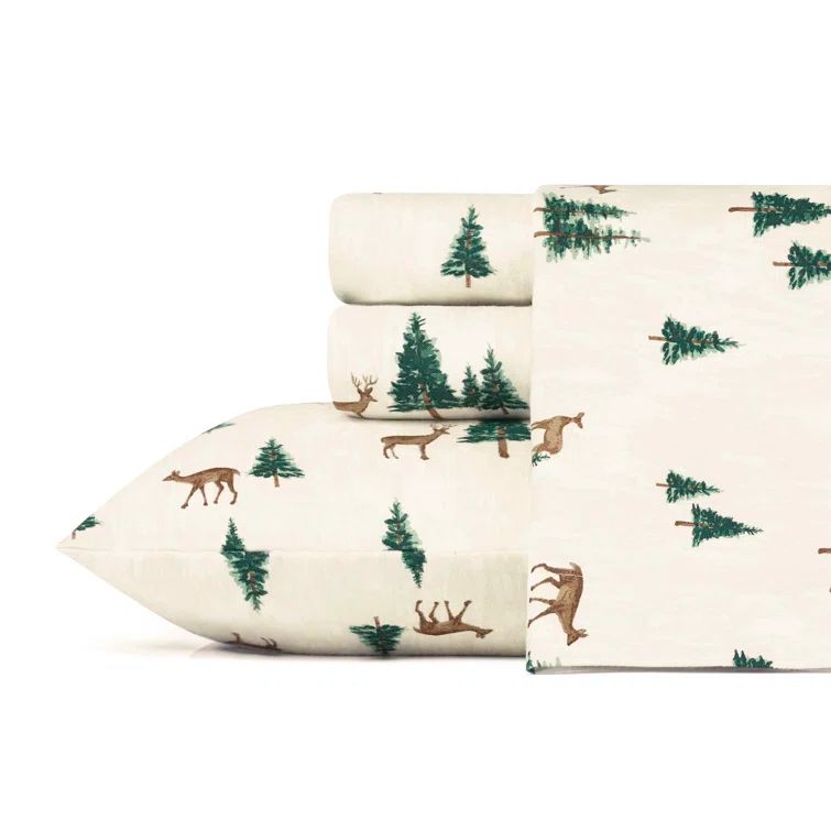 Twin Beige Cotton Flannel Sheet Set with Deer and Trees