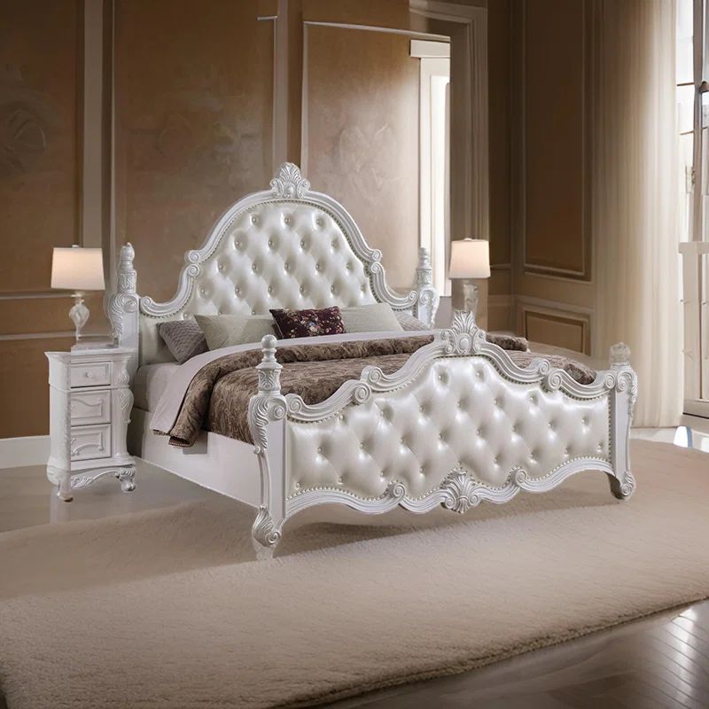 Moni Queen White Tufted Upholstered Wood Bed with Headboard