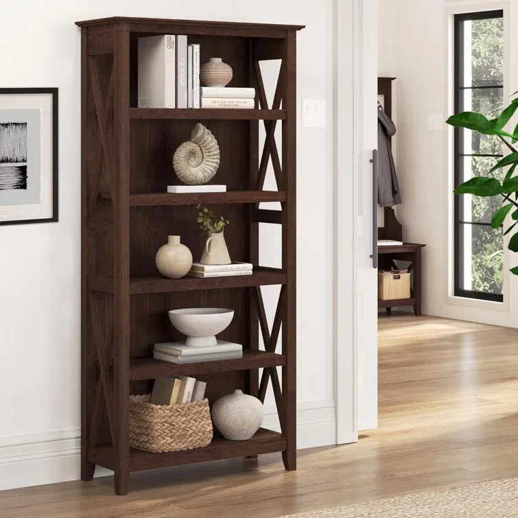 Transitional Bing Cherry Adjustable Wood Bookcase with X-Pattern Accents