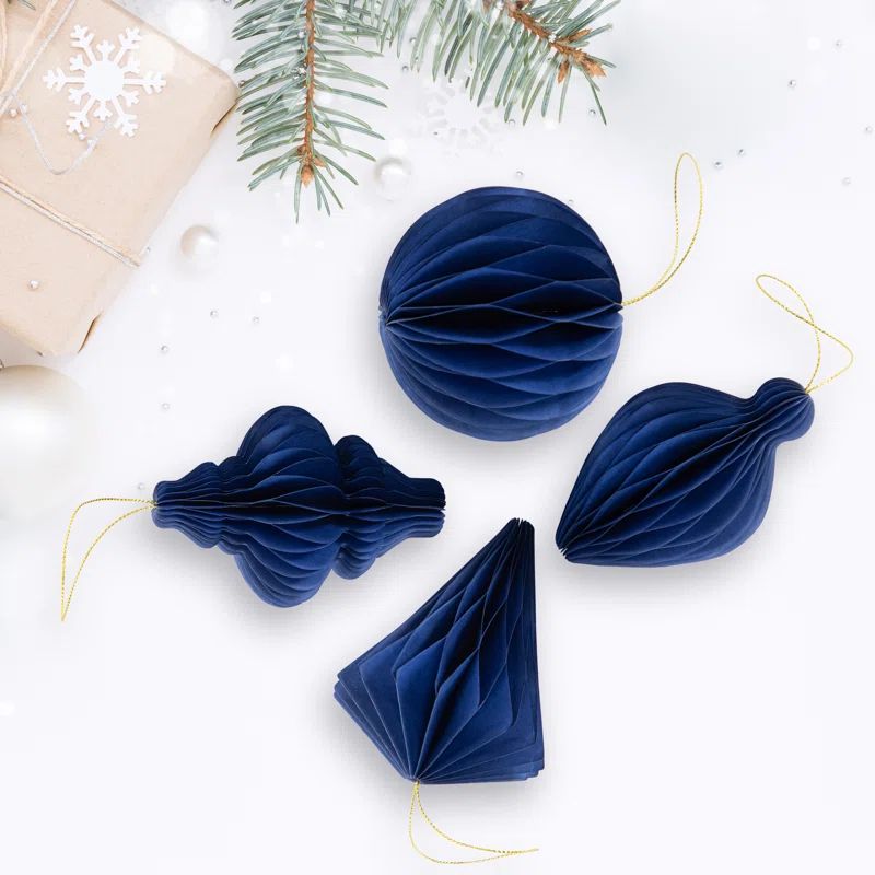 Navy Blue Foldable Paper Christmas Ornaments Set - 4"
