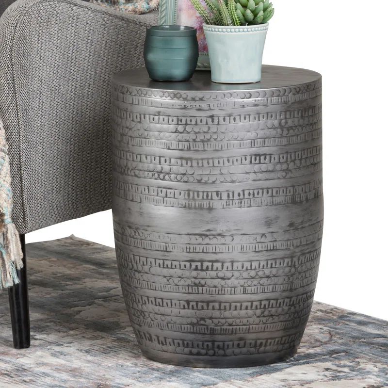 Antique Silver Textured 15'' Round Metal Accent Side Table