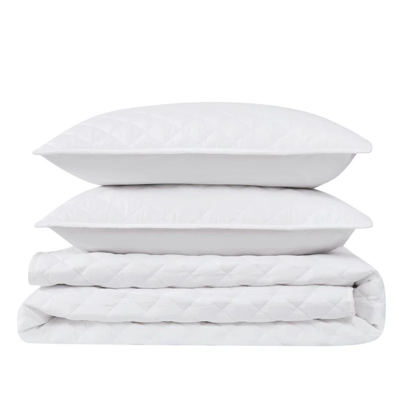 Luxurious White Cotton King Quilt Set with Diamond Stitching