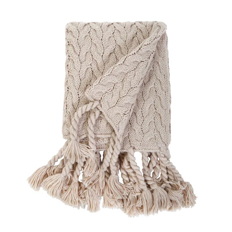 Taupe Cable Knit Throw Blanket with Tassels