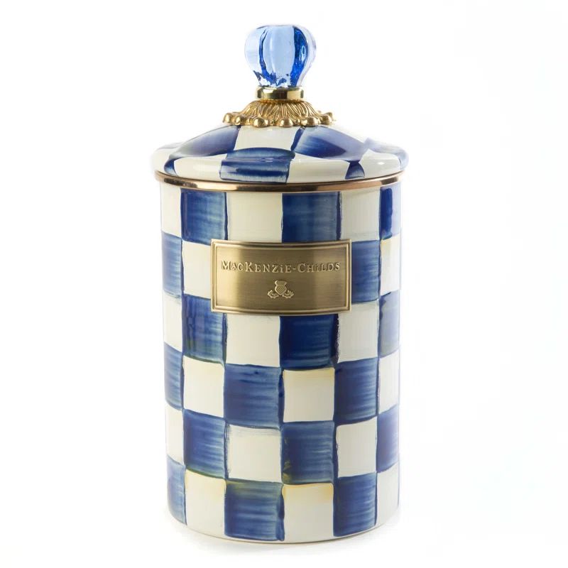 Regal Blue Check Stainless Steel Canister Set with Brass Accents