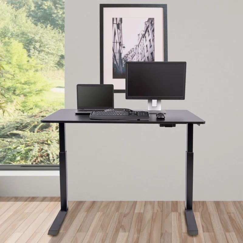 Black Adjustable Height Standing Desk with Wood Top and Drawer