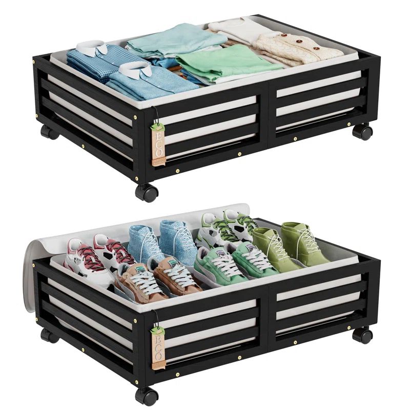 Black Bamboo Stackable Underbed Storage with Wheels, 2-Pack