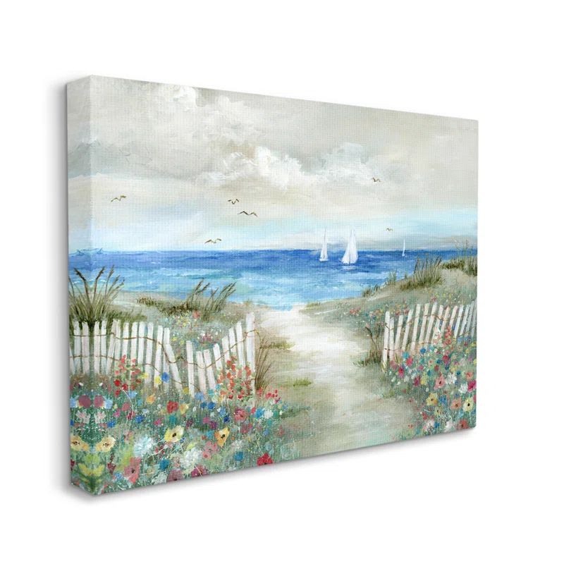Tranquil Beachside Flower Meadow Ocean Scene Wrapped Canvas Art
