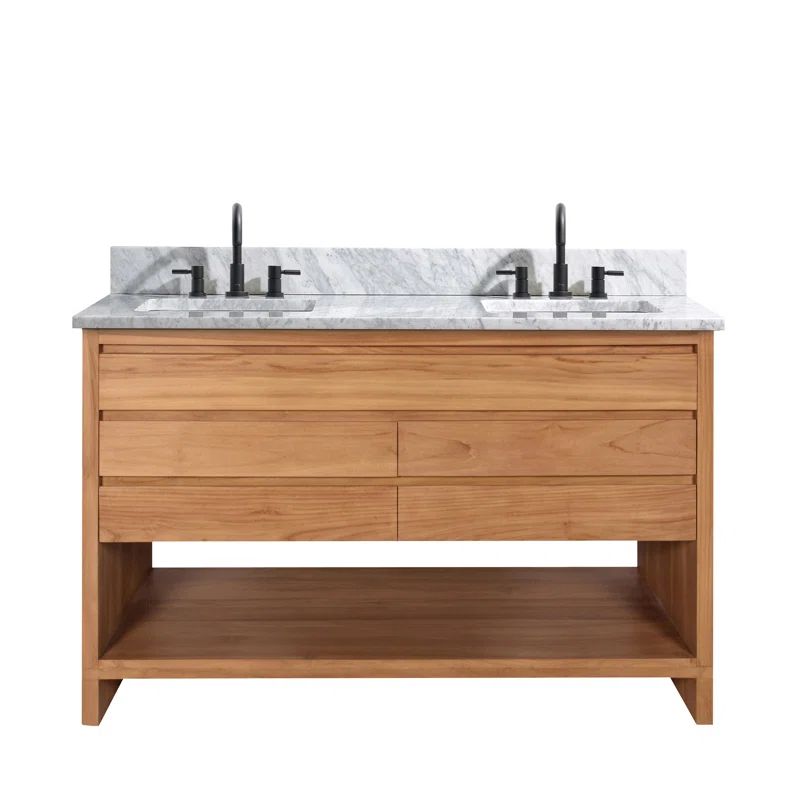Teakwood 48" Double Vanity with Carrara Marble Top and Open Shelf