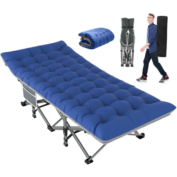 Blue Folding Camping Cot with Mattress and Carry Bag