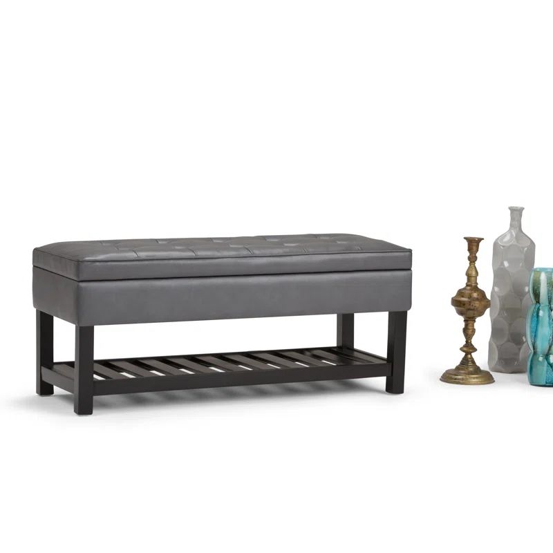 Stone Grey Tufted Faux Leather Storage Bench with Open Bottom