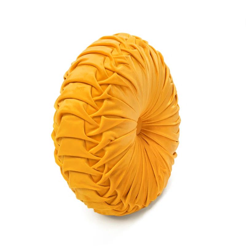 Yellow 15" Round Pleated Faux Velvet Decorative Pillow