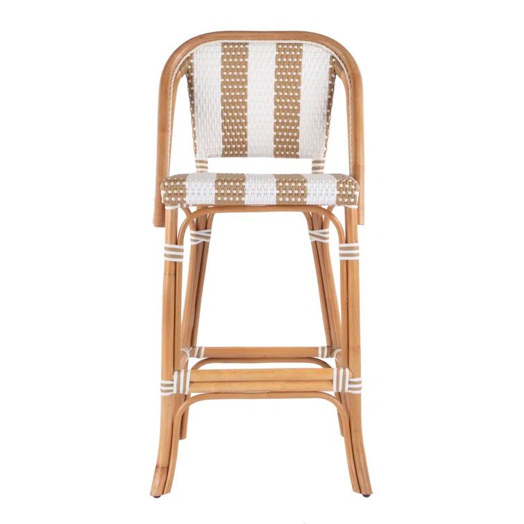 Beige and White Woven Rattan Bar Stool, 28'' Height