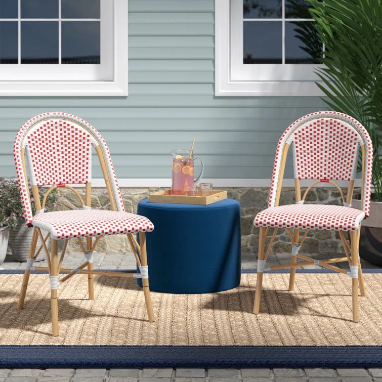 Red and White Wicker Armless Outdoor Dining Chair