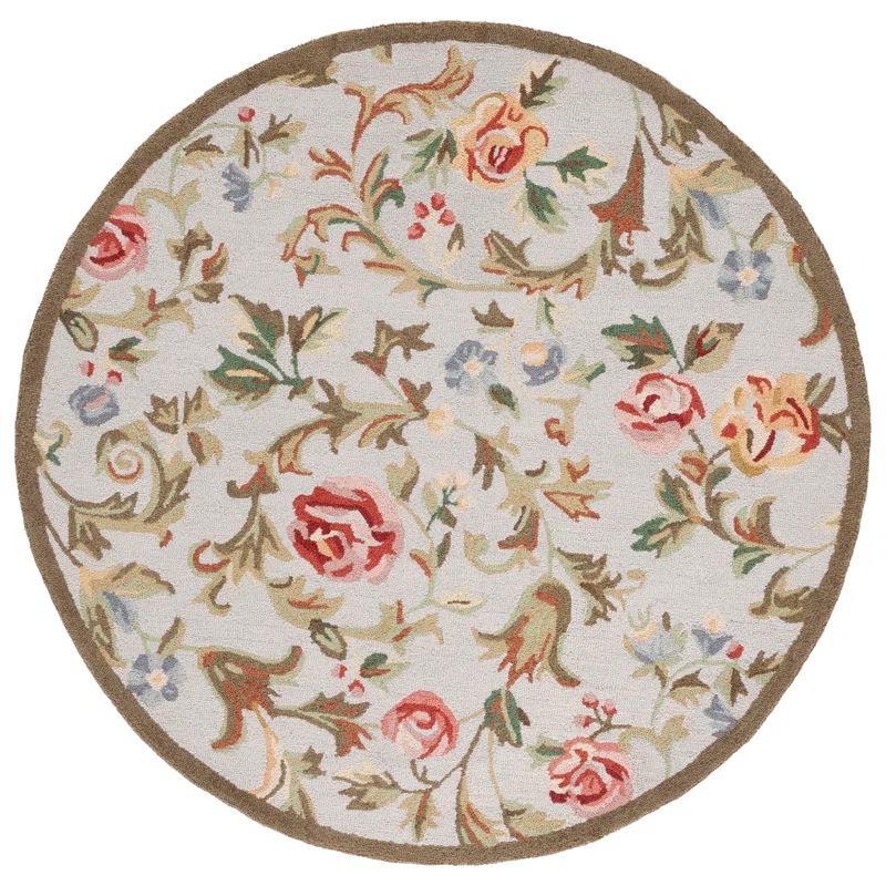 Handmade Round Ivory and Sage Floral Wool Rug