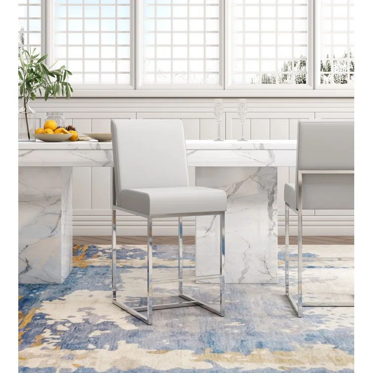 Pearl White Polished Chrome Metal Counter Height Barstools, Set of 2