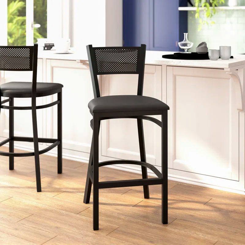Black Metal Grid Back Barstool with Vinyl Seat