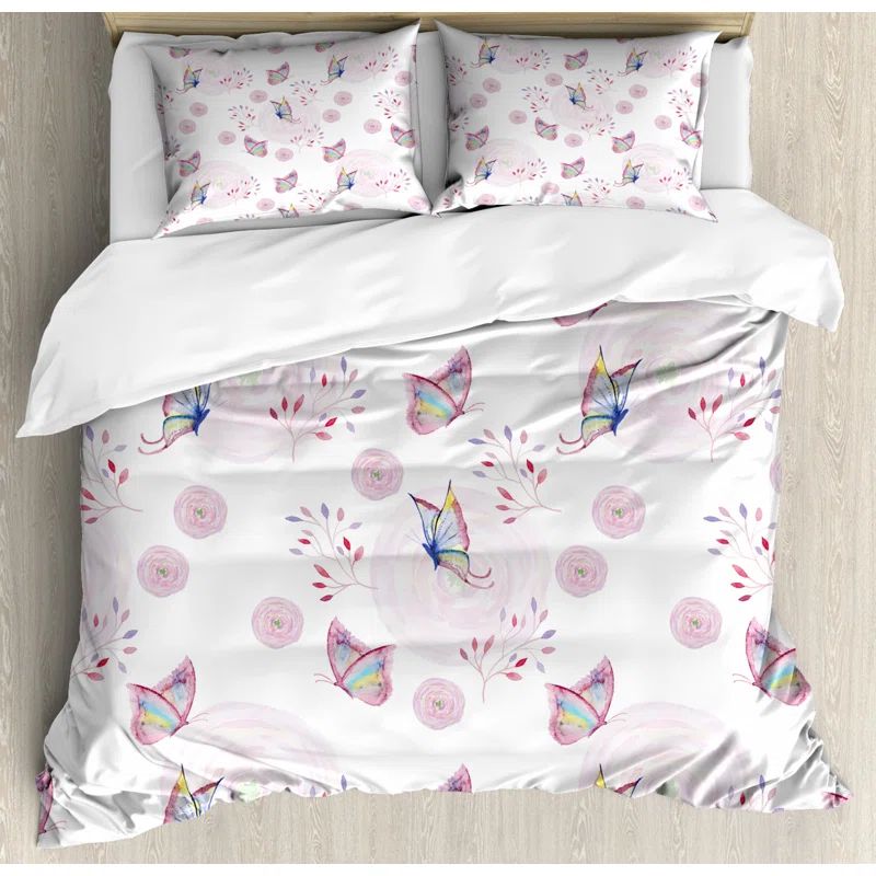 Queen Size Pink and White Butterfly Duvet Cover Set