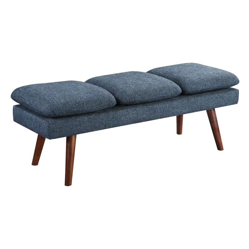 Navy Upholstered Mid-Century Bench with Warm-Brown Legs