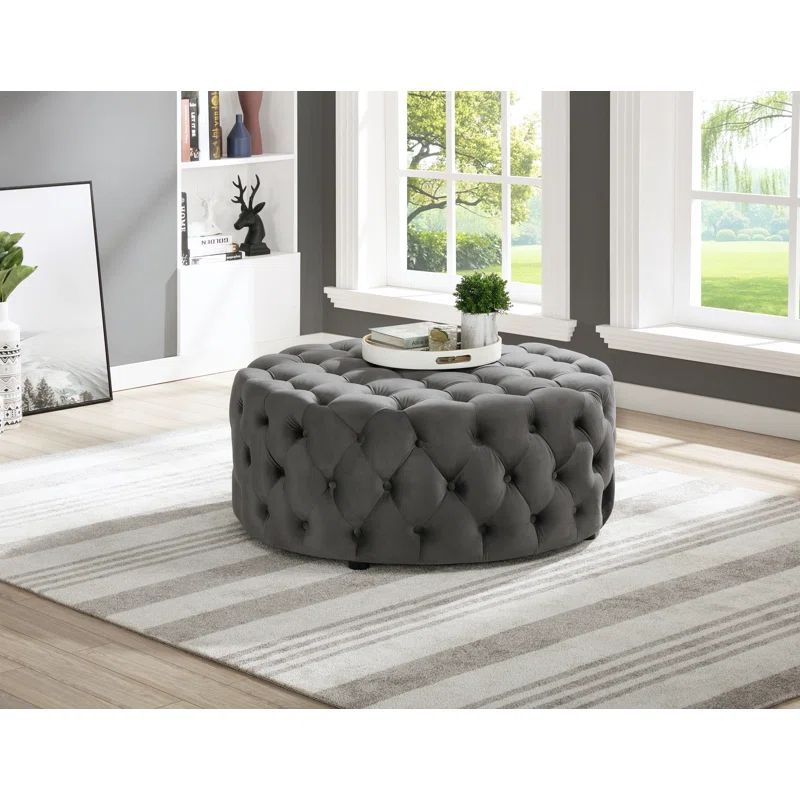 Gray Velvet Tufted Round Ottoman with Eucalyptus Wood Frame