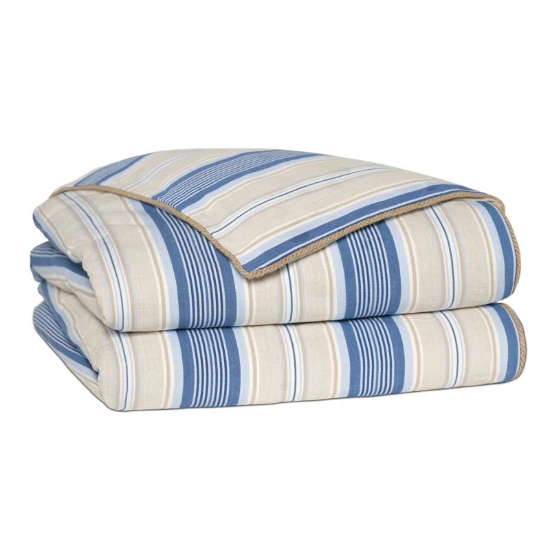 Twin Blue and Beige Cotton Striped Duvet Cover Set