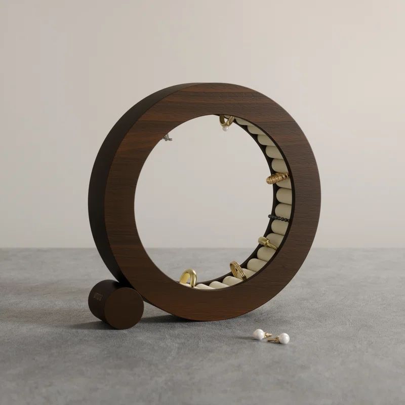 Walnut Wood Circular Jewelry Organizer with Velvet Padding