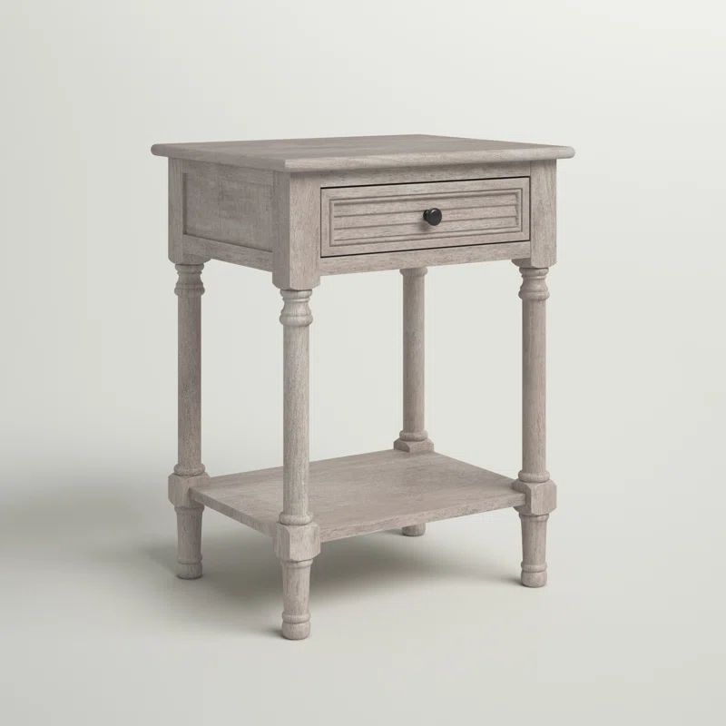 Greige Turned-Leg 22" Wood & Stone Accent Table with Drawer