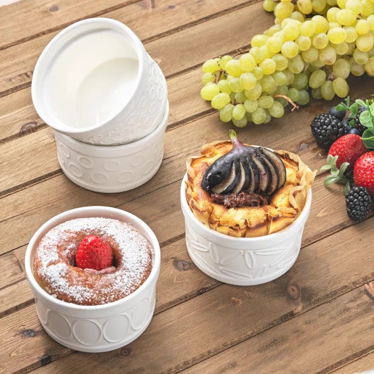 White Embossed Porcelain Ramekins Set of 4, 4 oz