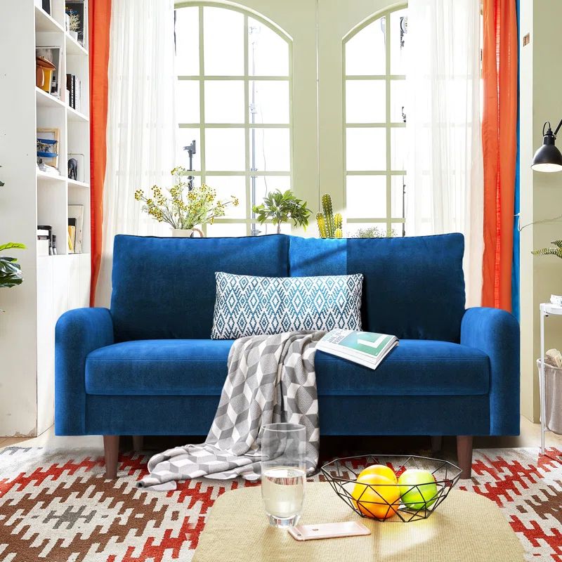 Space Blue Velvet Round Arm Loveseat with Solid Wood Legs