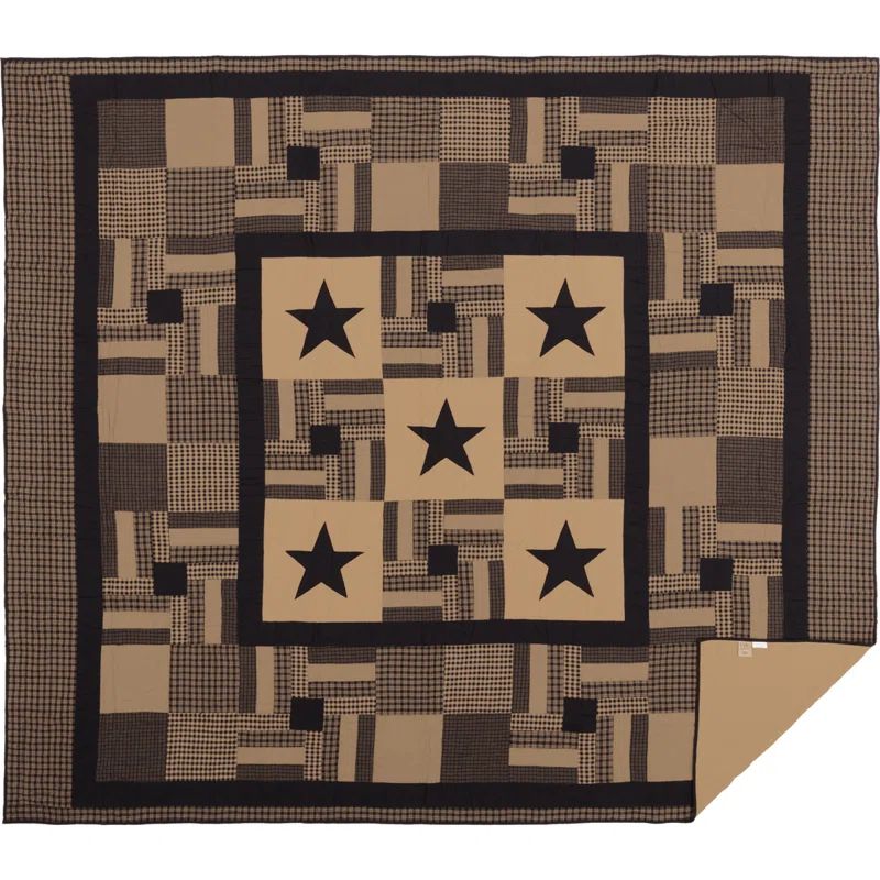 Black and Tan Cotton Reversible King Quilt with Star Pattern