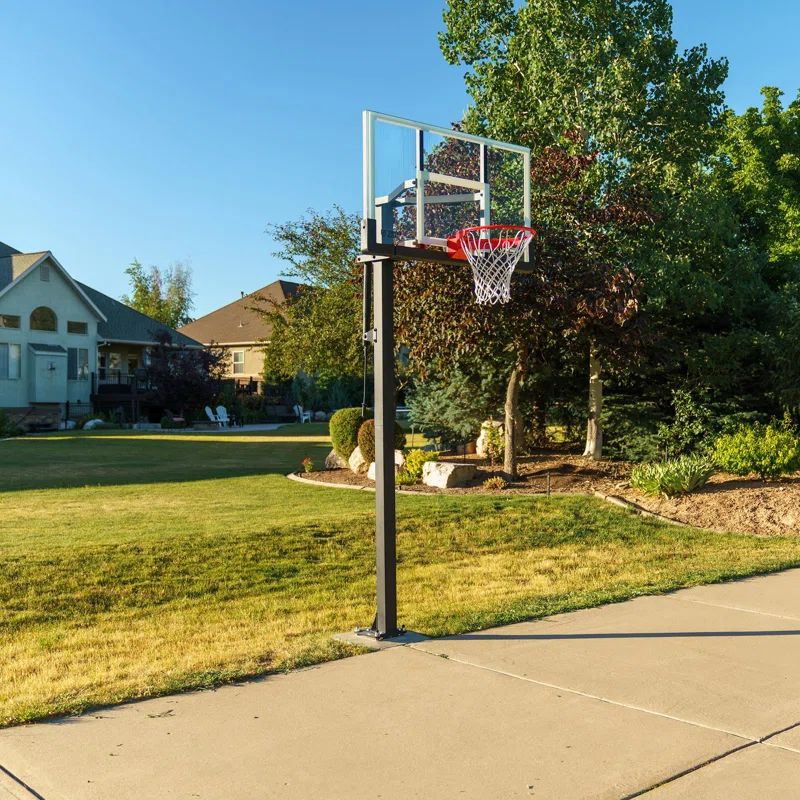 54" Black Steel In-Ground Basketball Hoop with Tempered Glass Backboard