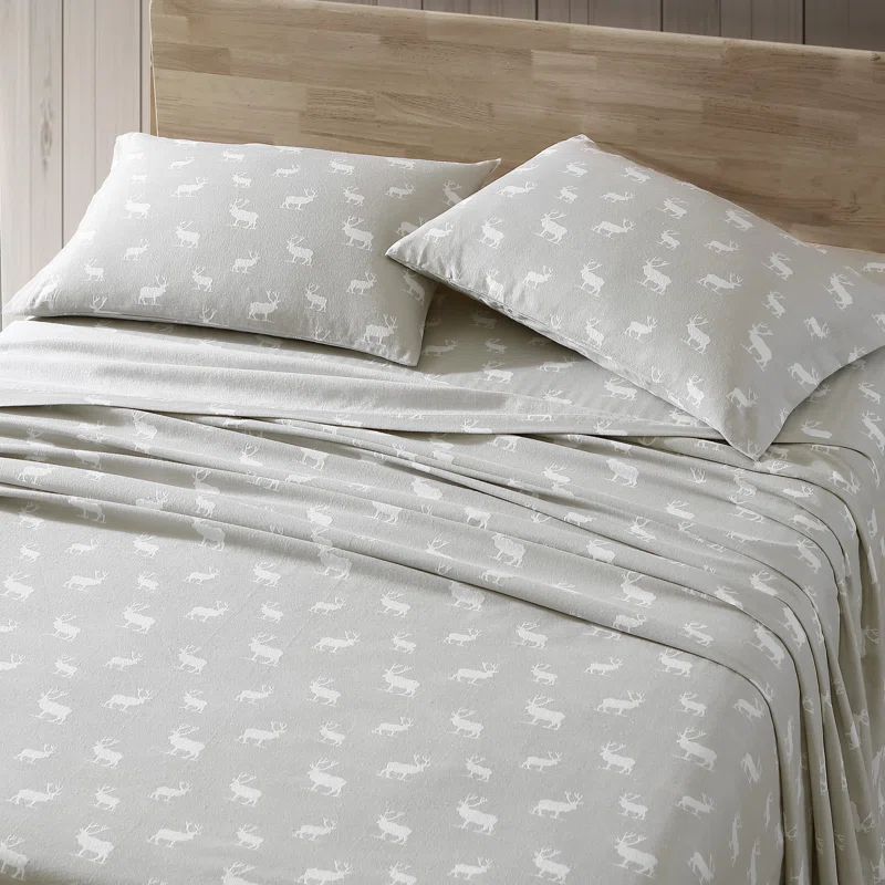 Pastel Gray Cotton Flannel Twin Sheet Set with Elk Print