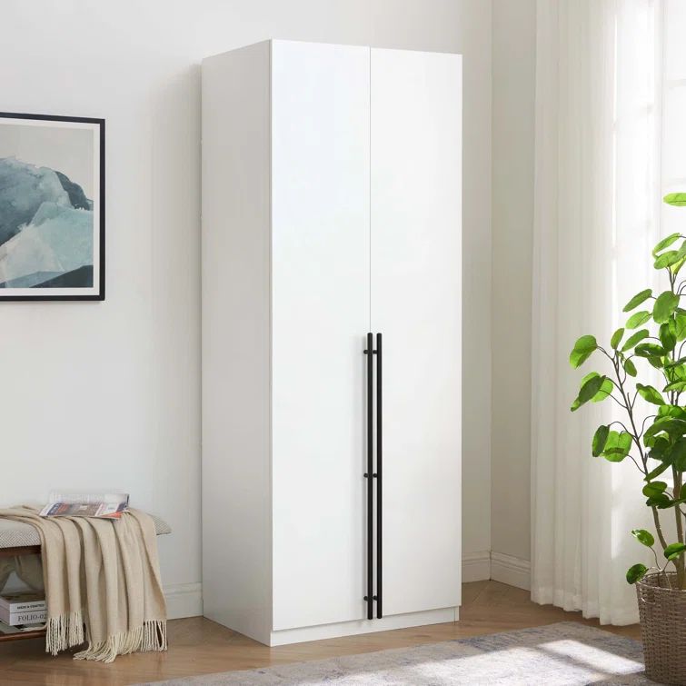 White MDF Freestanding Wardrobe Closet with Black Handles