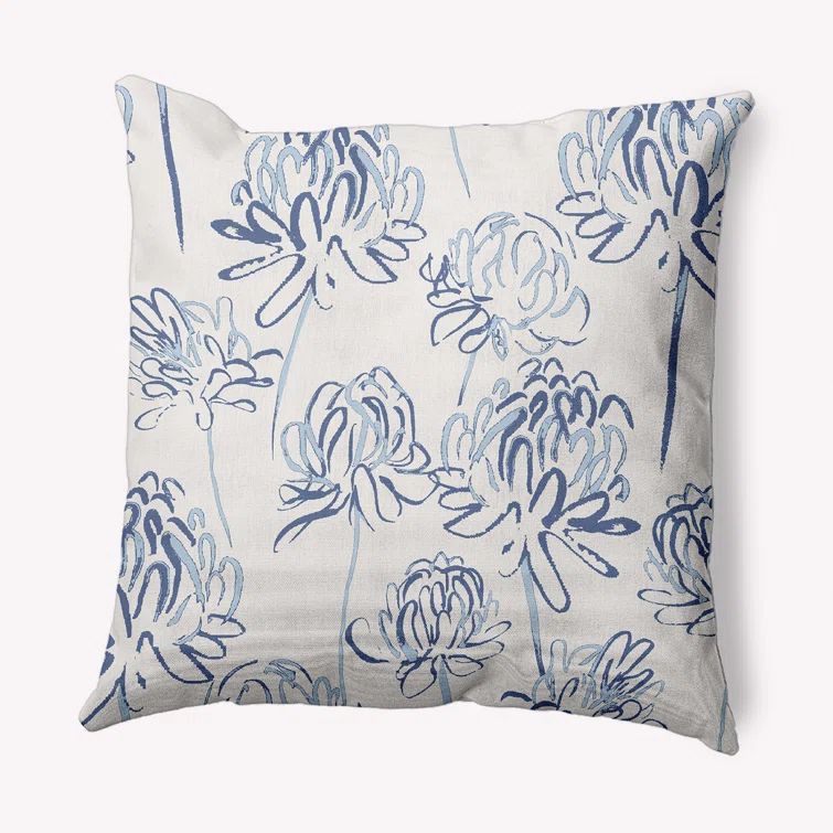 Blue and White Floral Cotton Square Throw Pillow, 16" x 16"