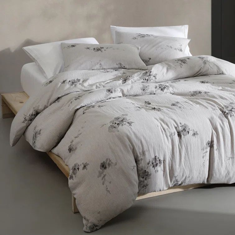 Gray Floral Cotton King Comforter Set with Shams