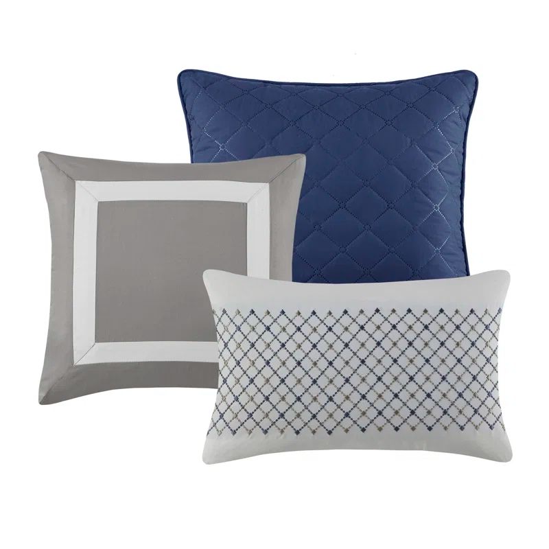 Blue and Gray Microfiber Queen Comforter Set with Decorative Pillows