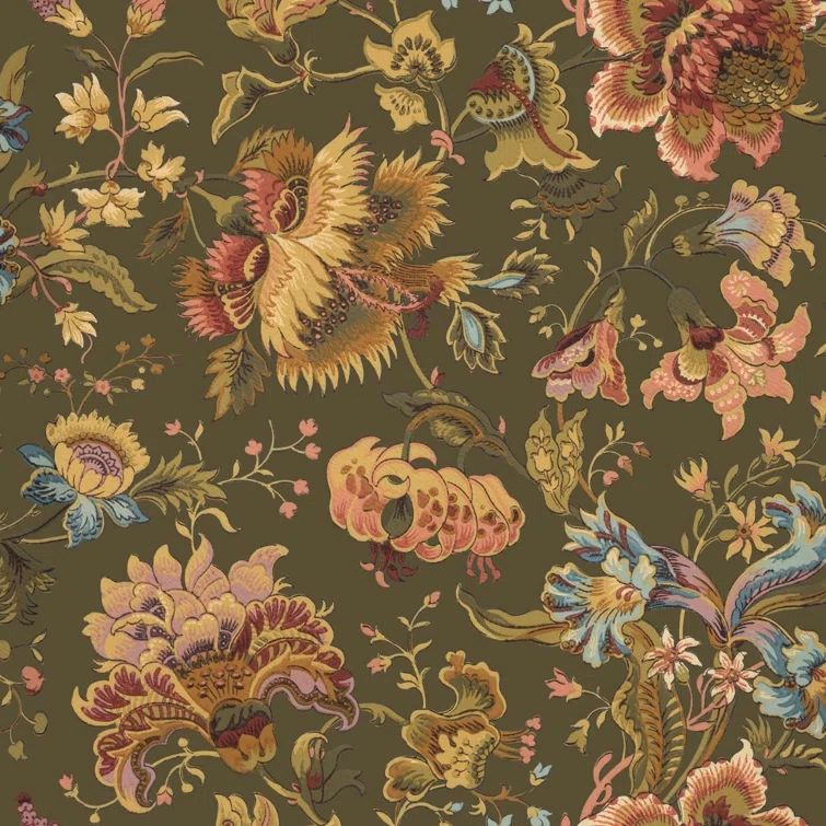 Majorelle Moss Green Floral Jacobean Wallpaper Roll