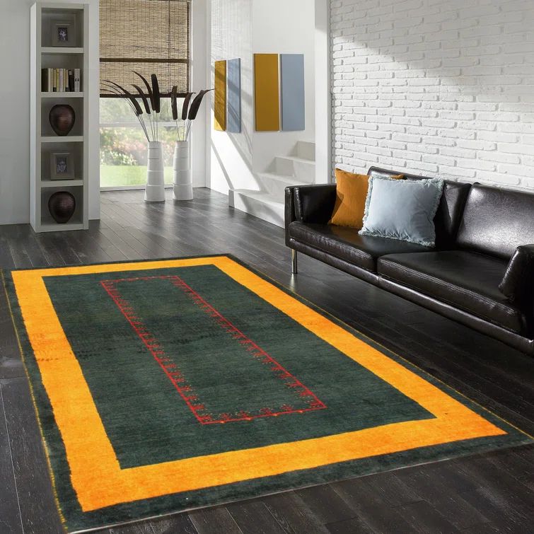 Hand-Knotted Dark Green and Yellow Wool Area Rug