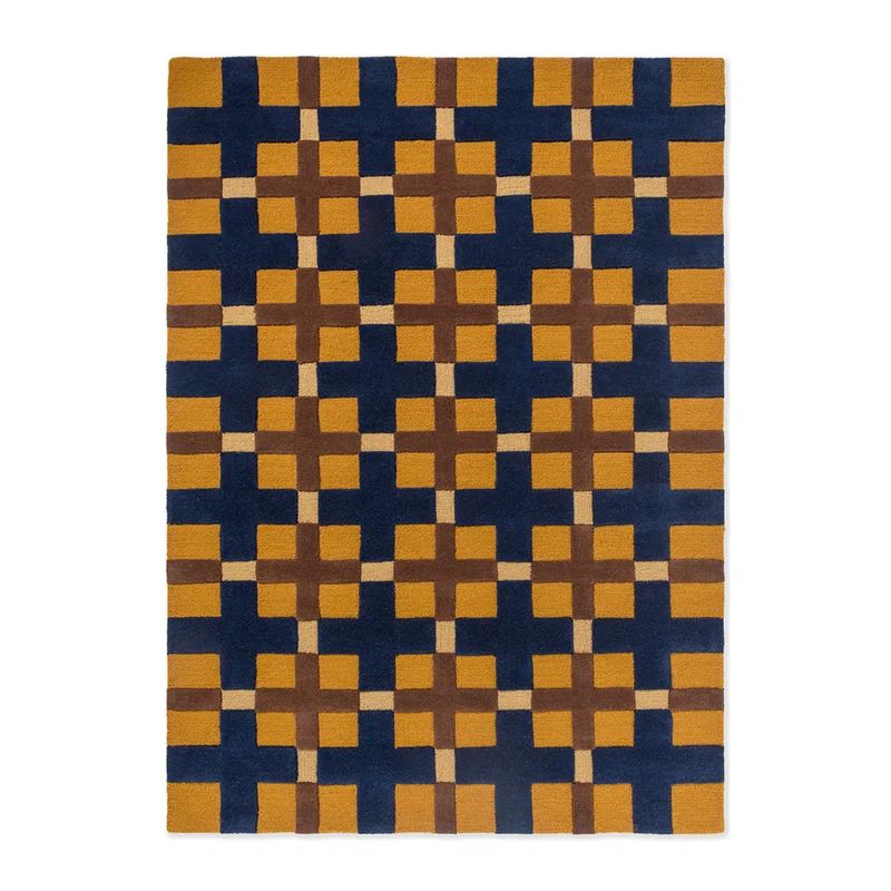 Handmade Geometric Wool Rug in Blue and Brown, 6'7" x 9'2"