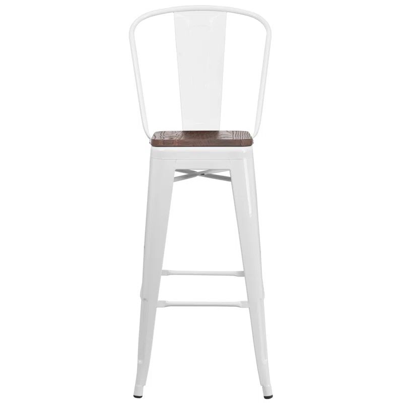 Rustic White 30" Metal Barstool with Wood Seat and Backrest