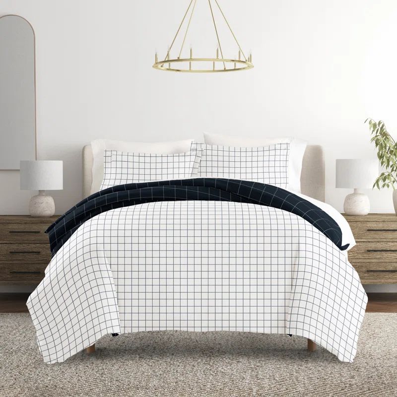Navy Checkered Microfiber King Duvet Cover Set