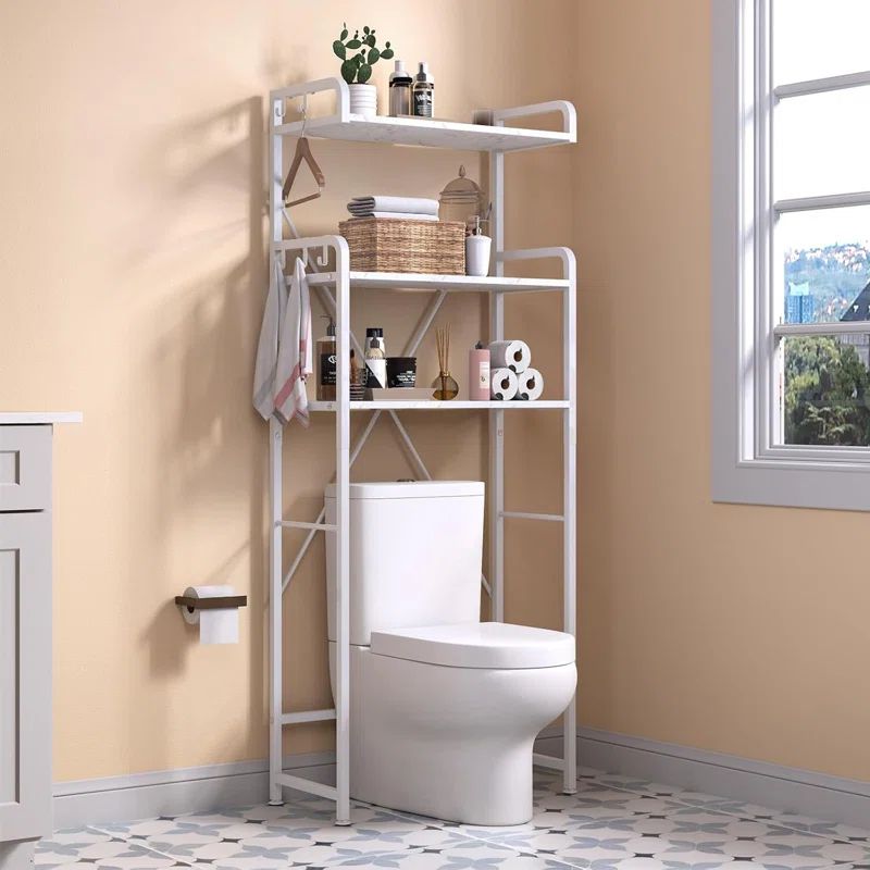 White Marble 3-Tier Over-the-Toilet Storage Rack with Hooks