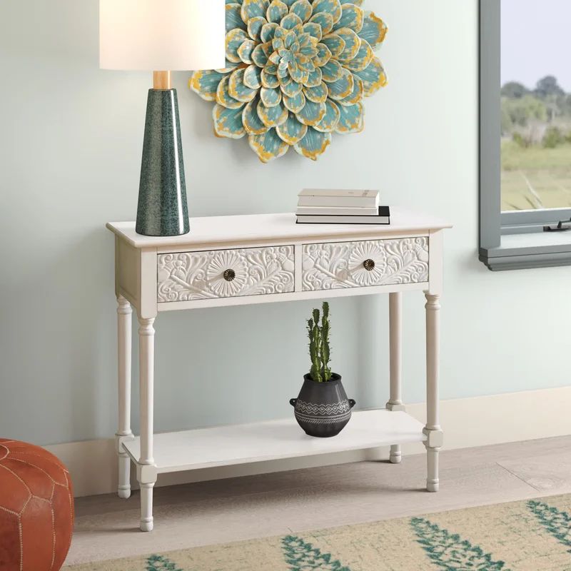 Distressed White Carved Wood Hallway Table with Storage