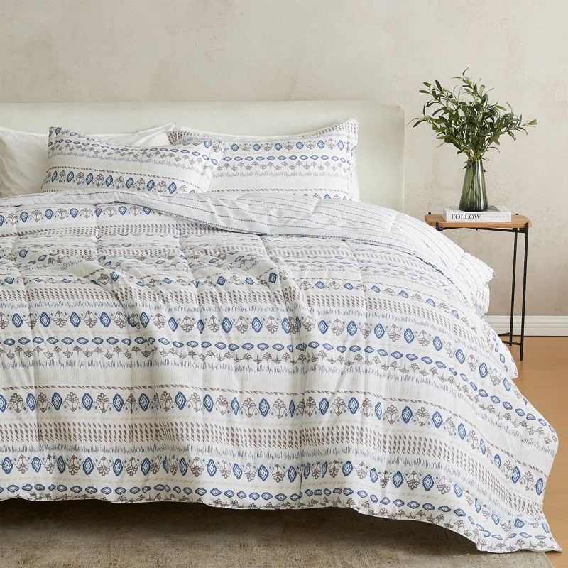 King Size Blue Geometric Print Reversible Microfiber Comforter Set